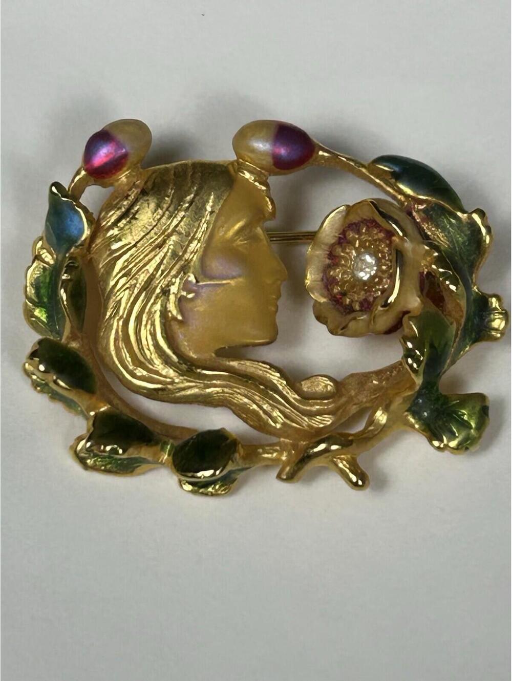 Joan Rivers Art Nouveau Lady Brooch Gold Tone Figural Floral Rhinestone Signed